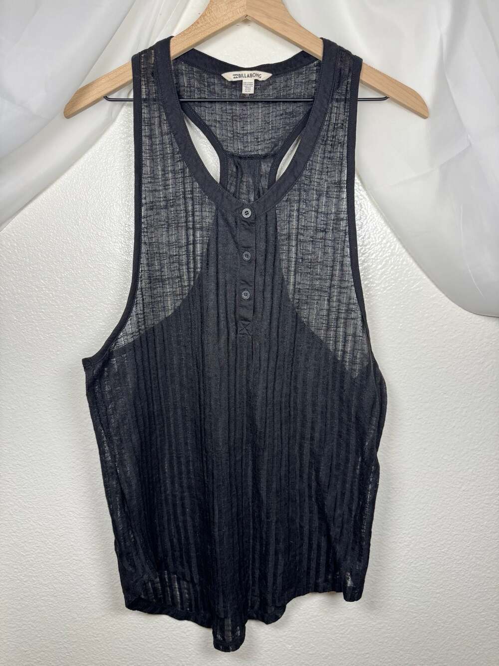 Billabong Black Sheer Ribbed Henley Racerback Tank Top